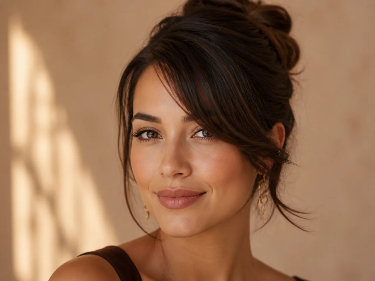 Long side swept bangs worn with an updo