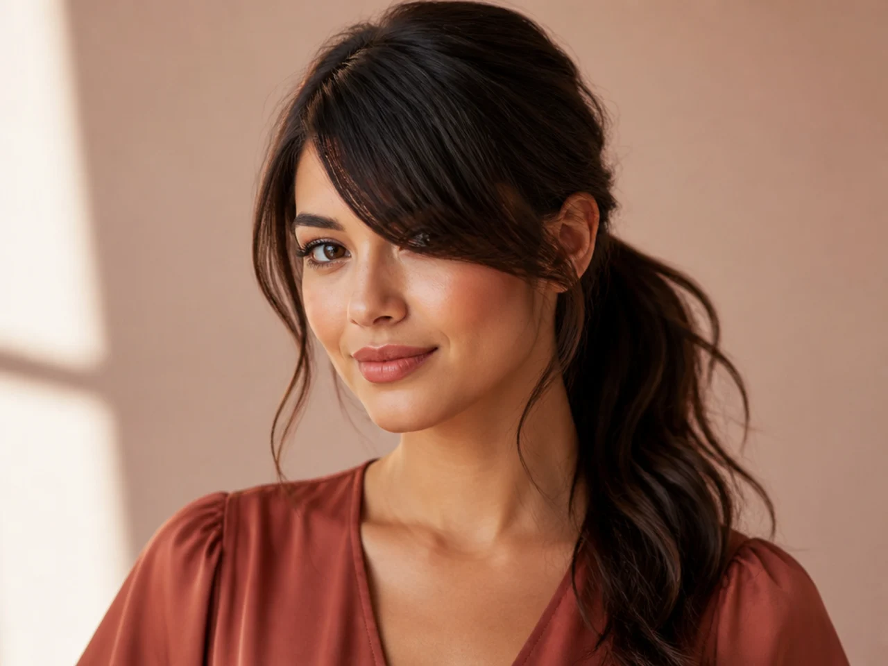 Long side swept bangs worn with a ponytail
