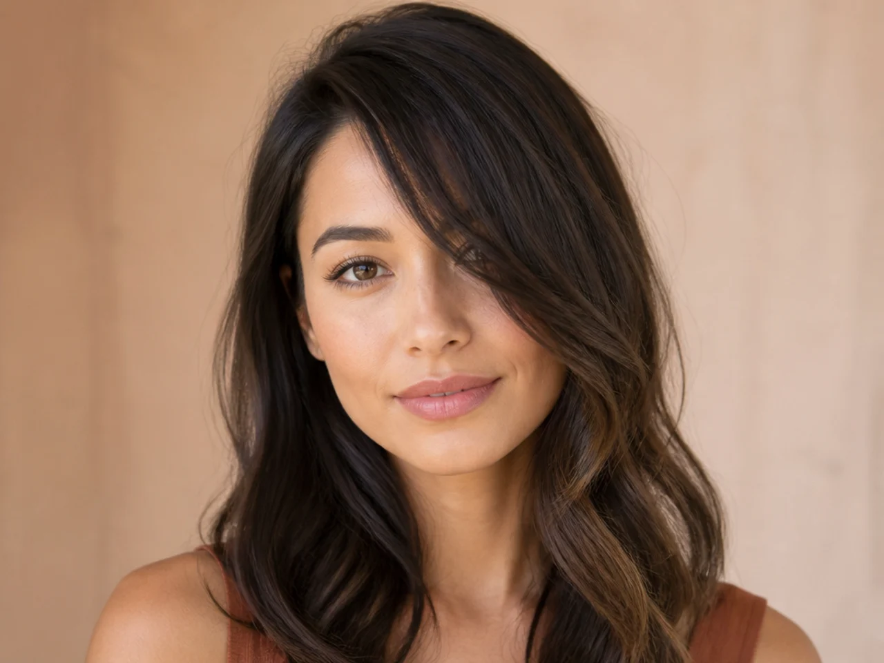 Side swept bangs falling below the jaw