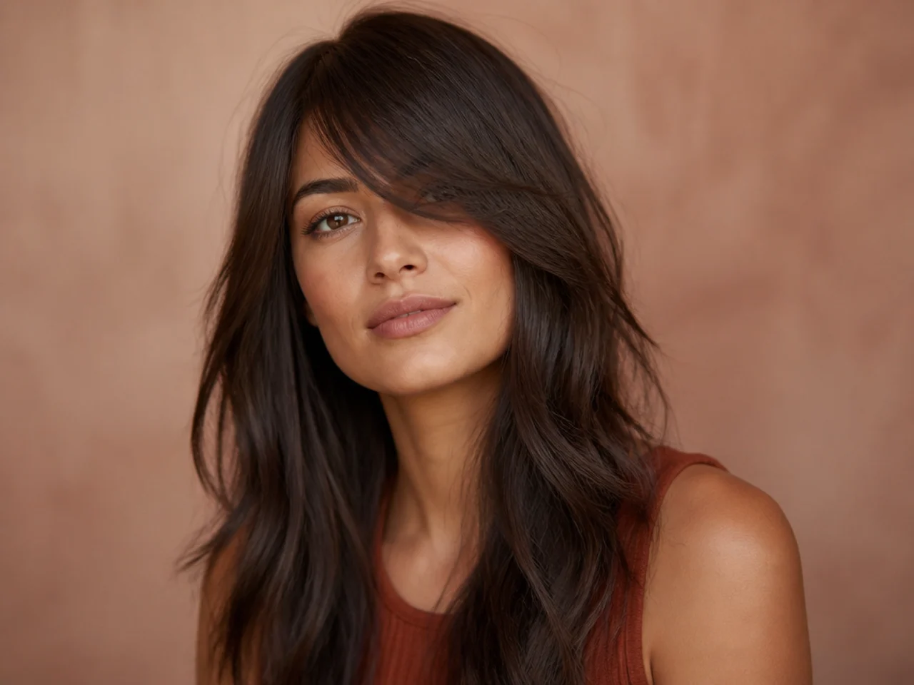 Long side swept bangs with internal weight removed