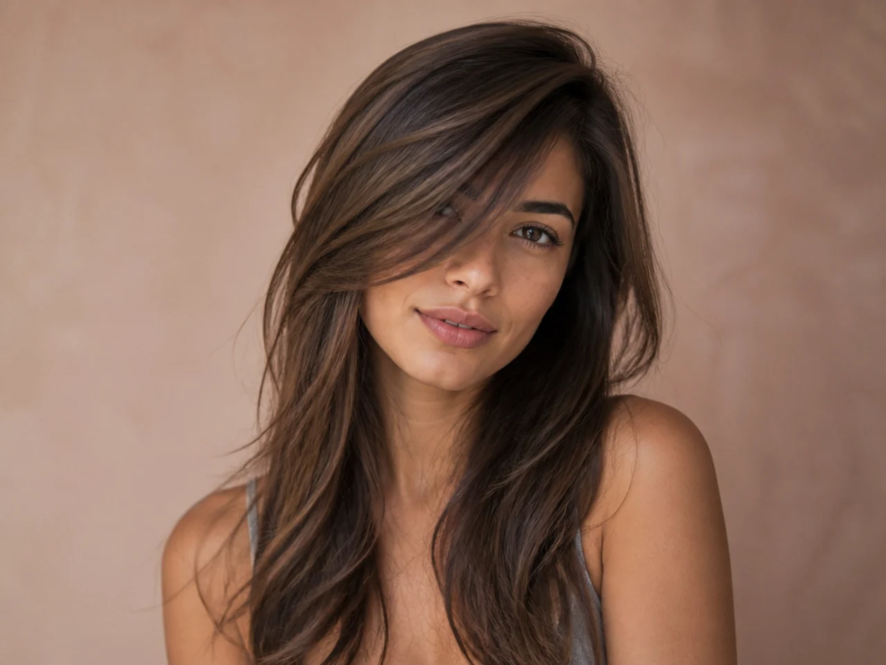 Long side swept bangs cut on a steep angle