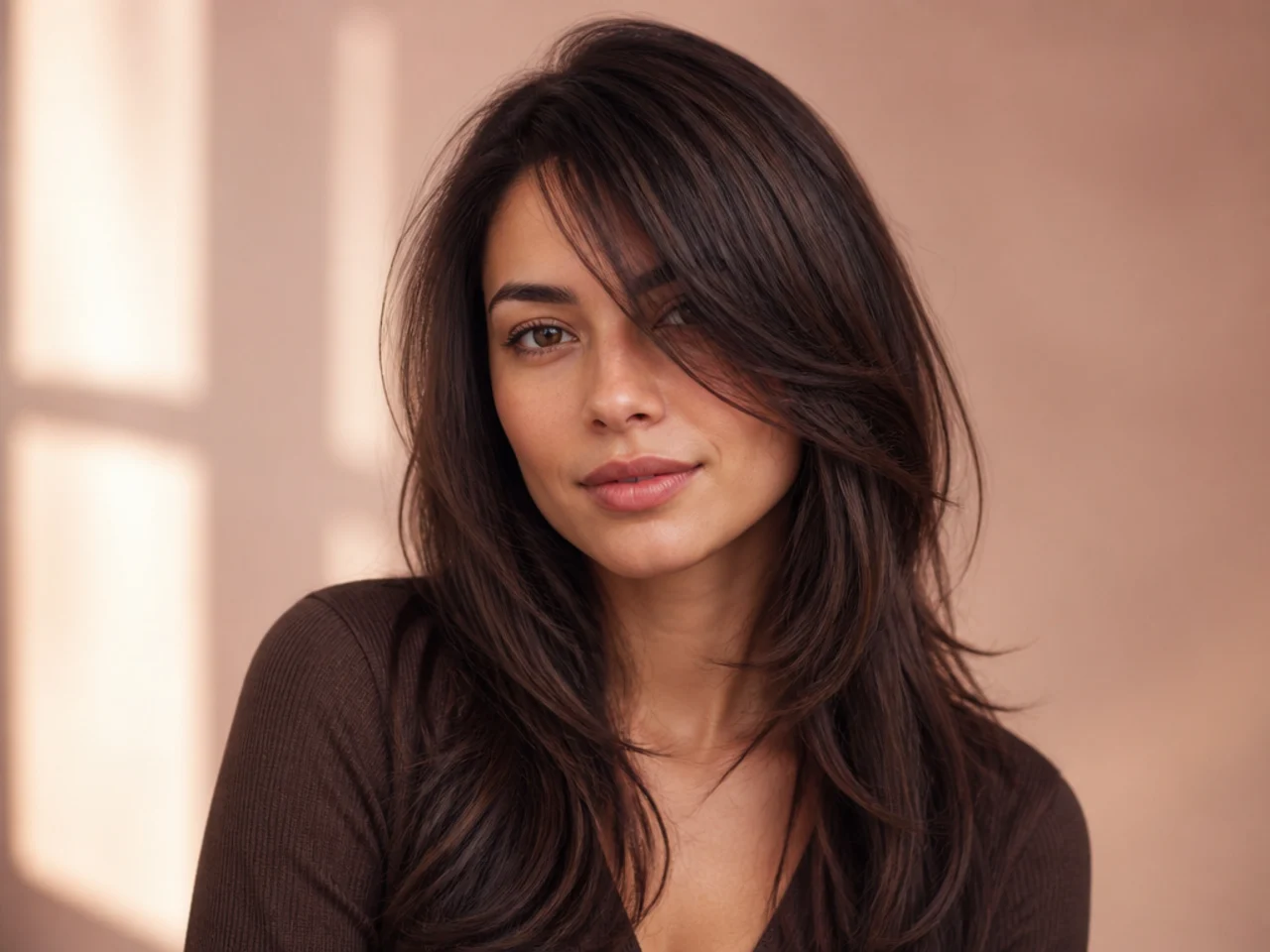 Long side swept bangs blended into layers