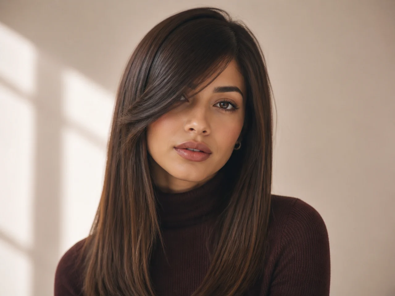 Long side swept bangs on straight hair