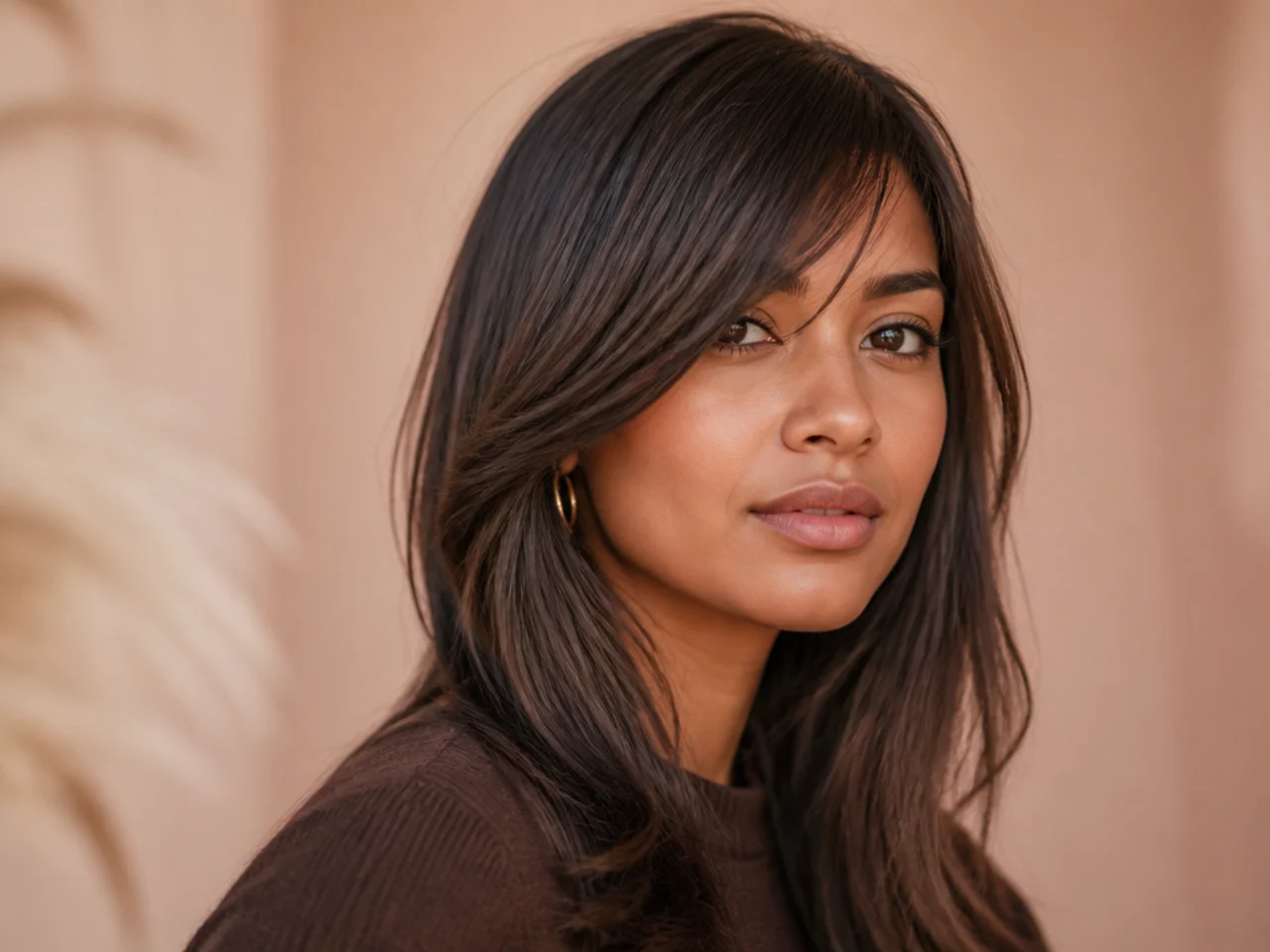 Three-quarter view of finished long side swept bangs