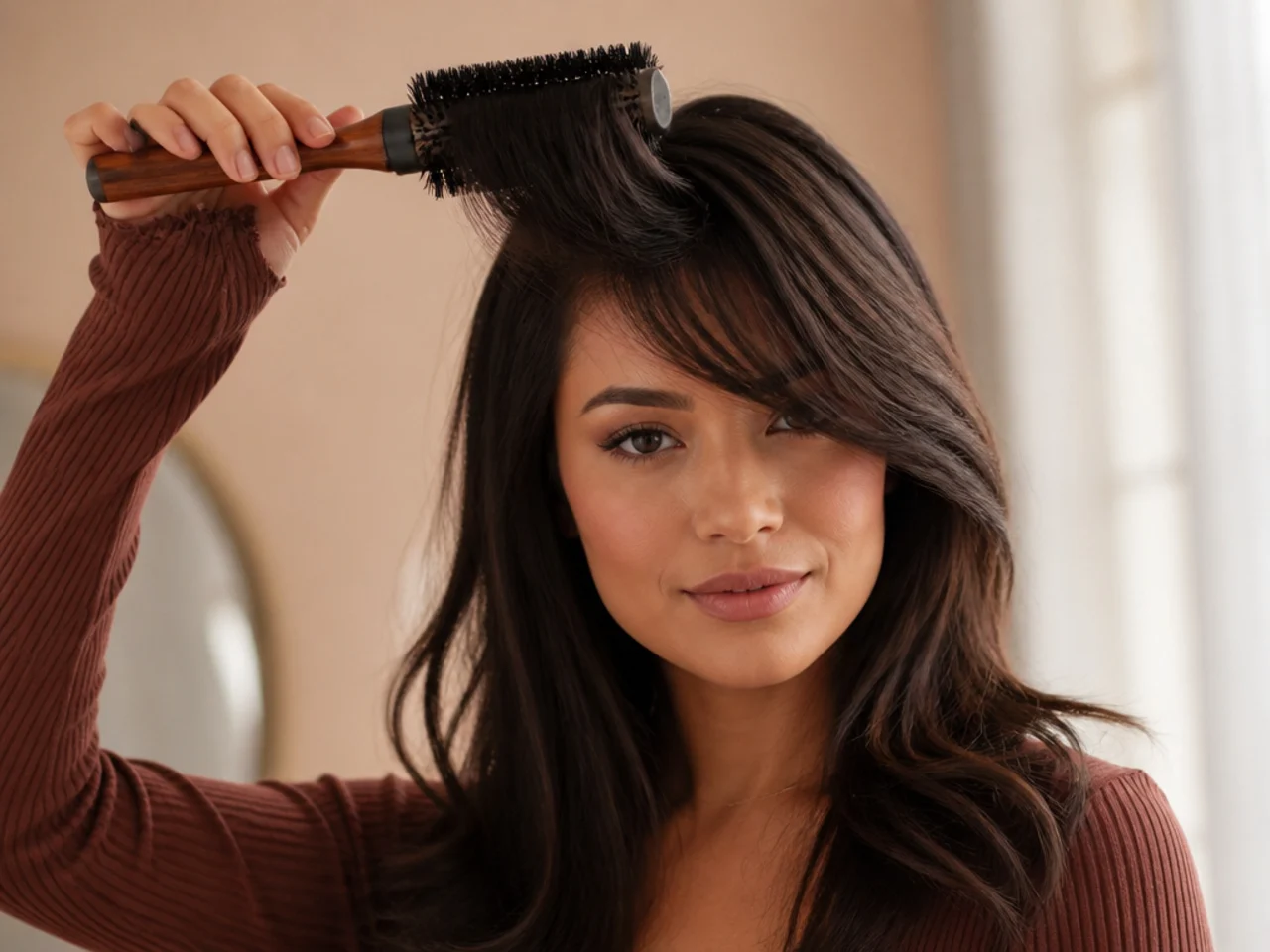 A round brush lifting the root of a long fringe