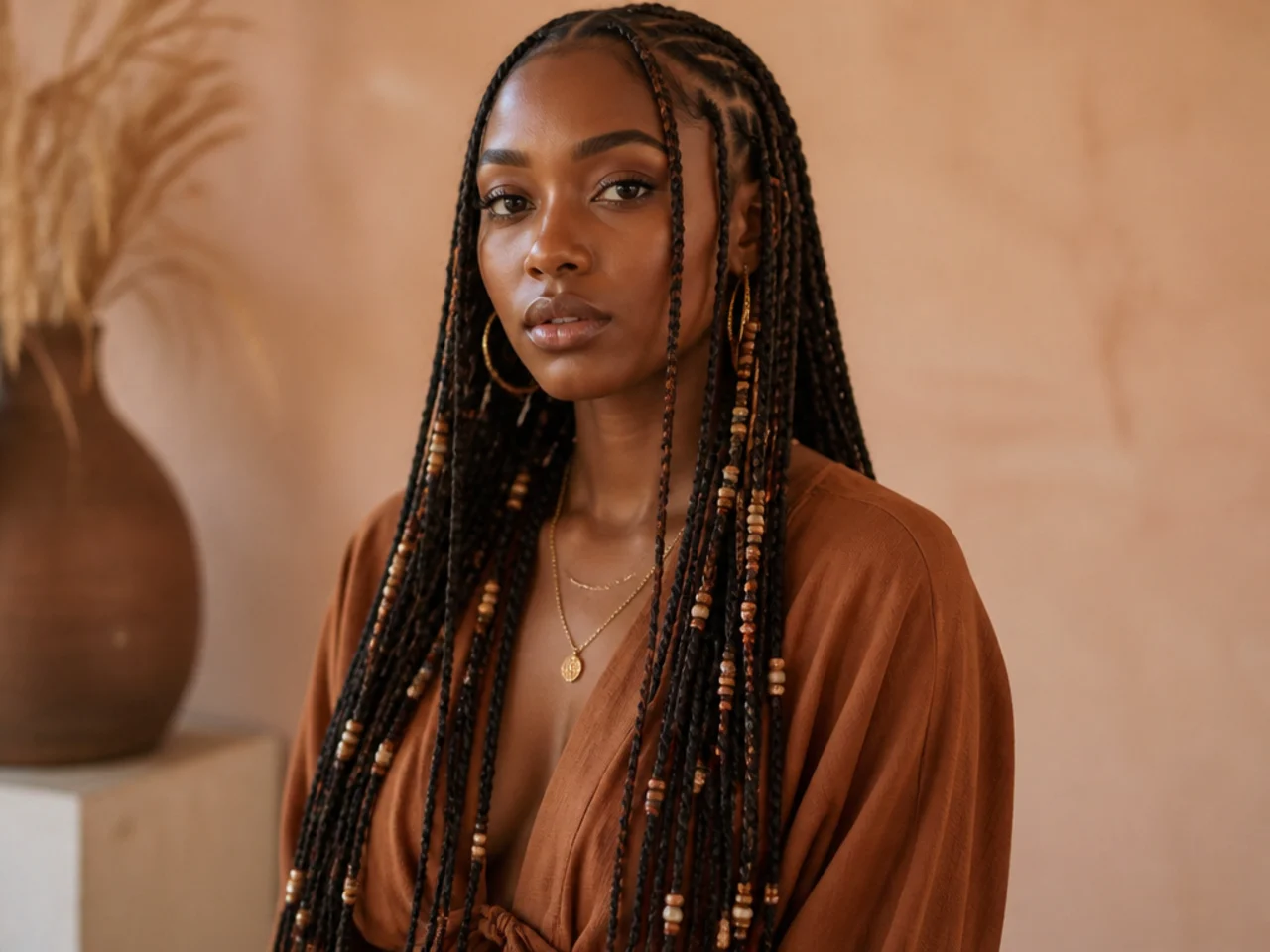 Long Fulani braids with beads spaced along the full length