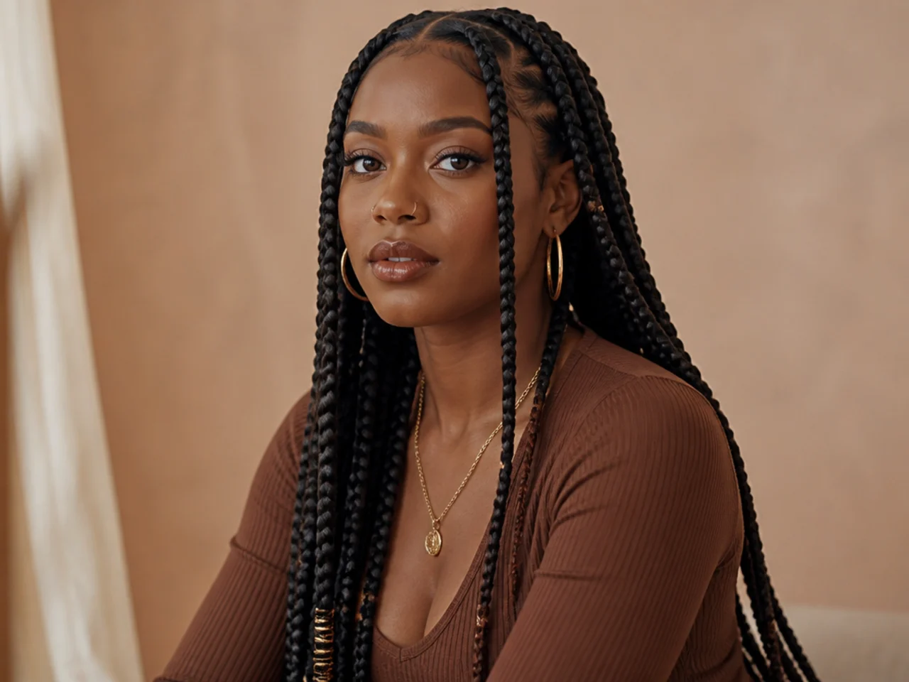 Long jumbo Fulani braids at mid-back length