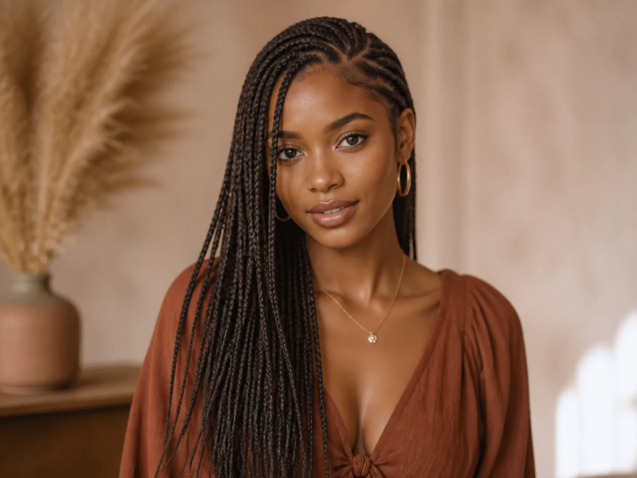 Long Fulani braids with a deep side parting