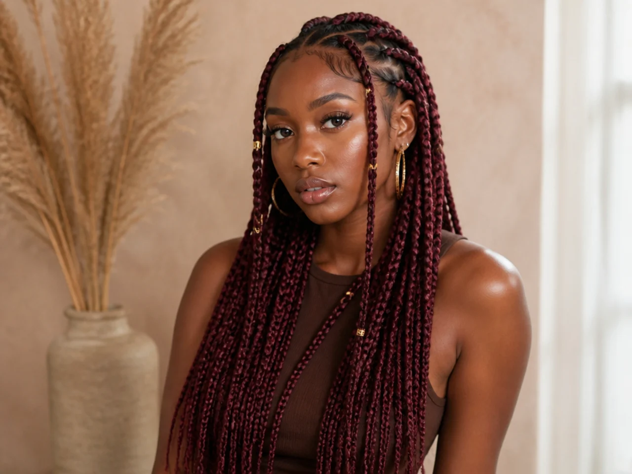 Long Fulani braids in a deep burgundy shade