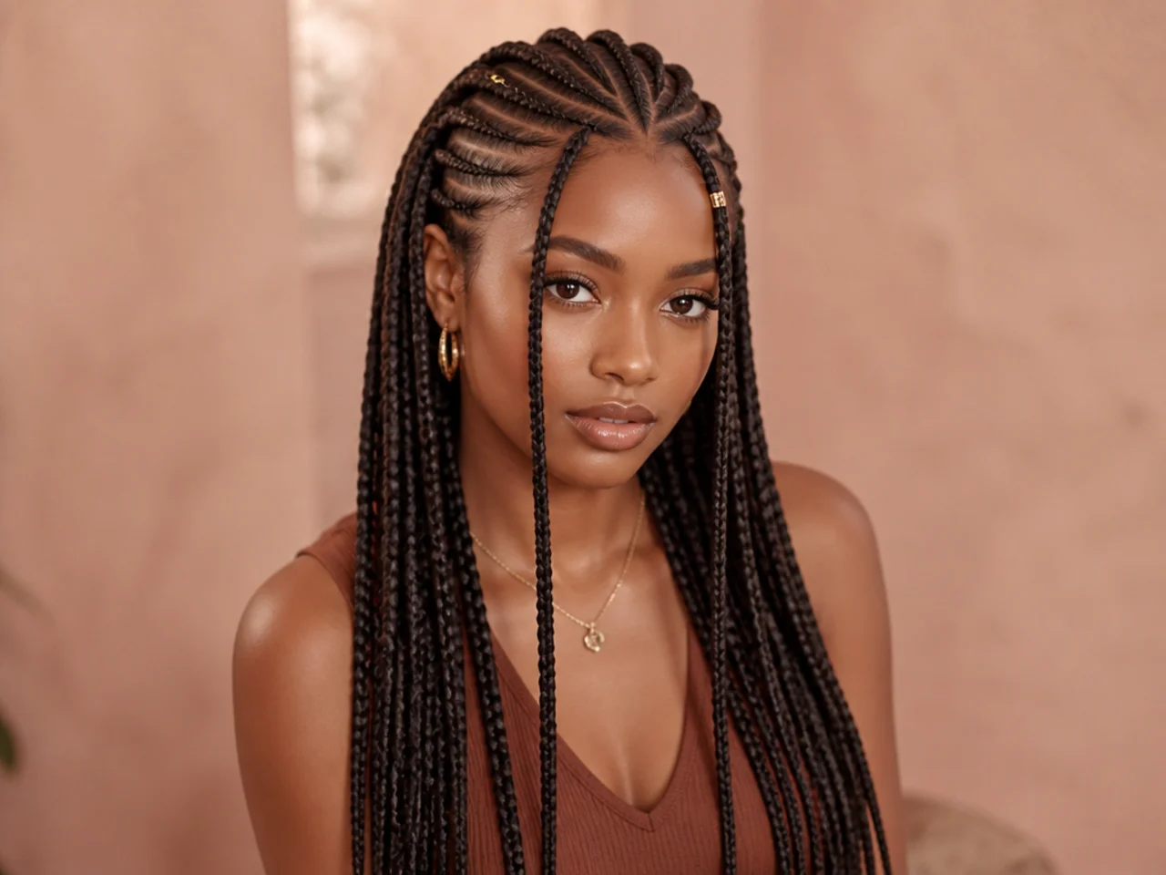 Long Fulani braids with four front cornrows spreading the weight