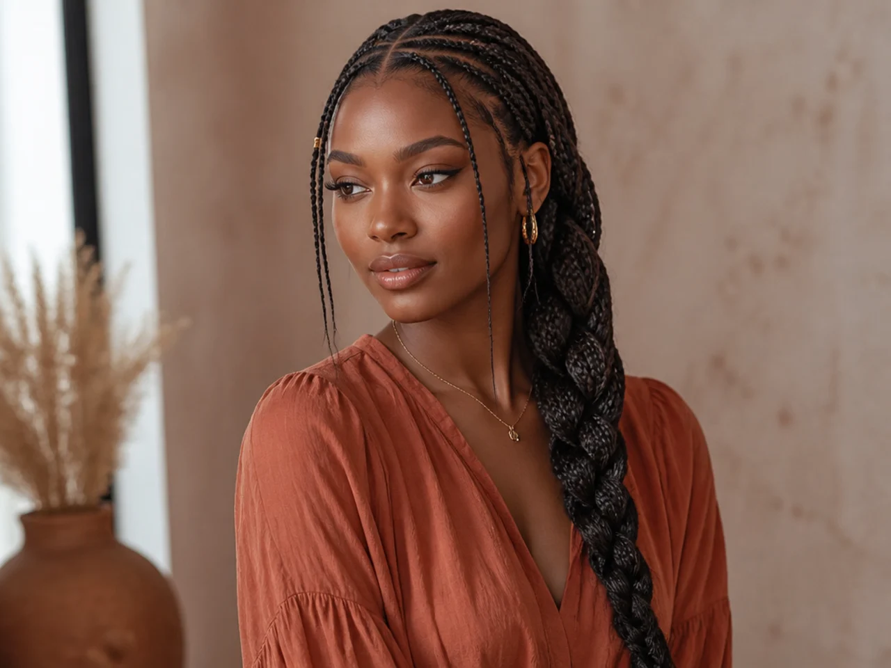 Long Fulani braids gathered into a single loose side plait