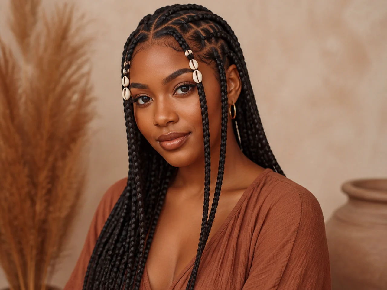 Long Fulani braids with cowrie shells on the front braids