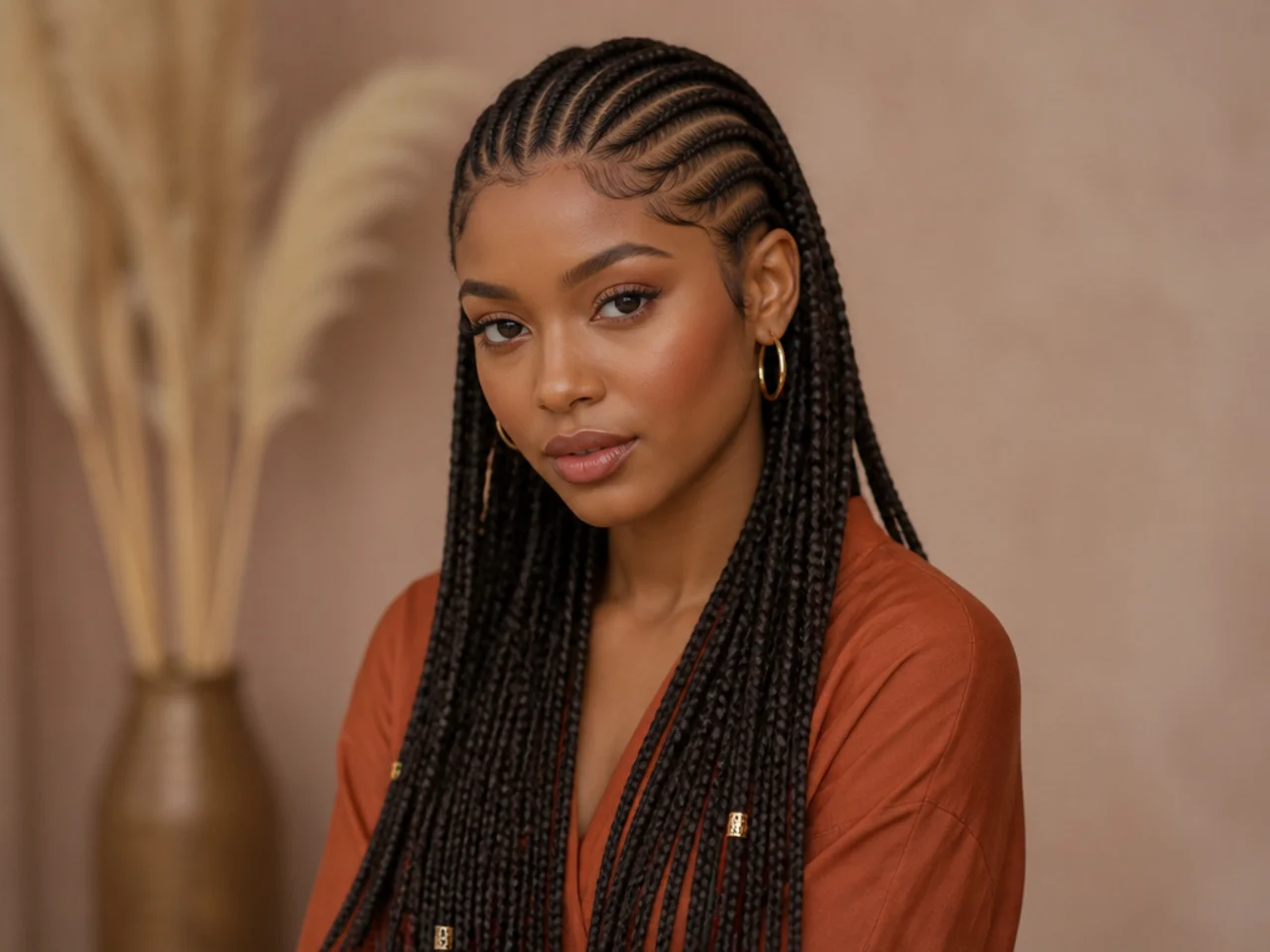 Long Fulani braids with curved front cornrows