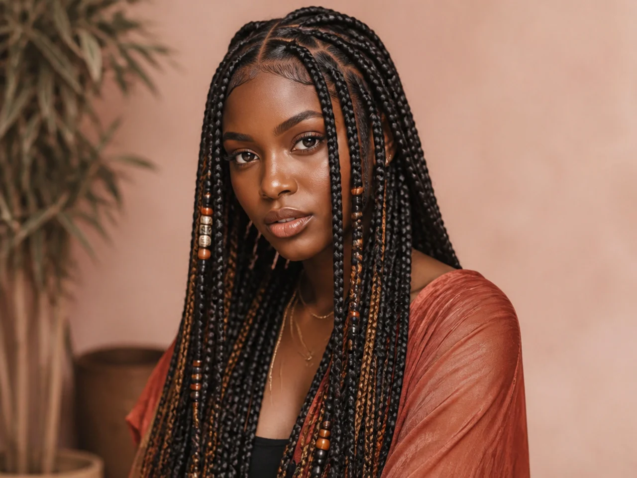 Long Fulani braids alternating thick and thin widths