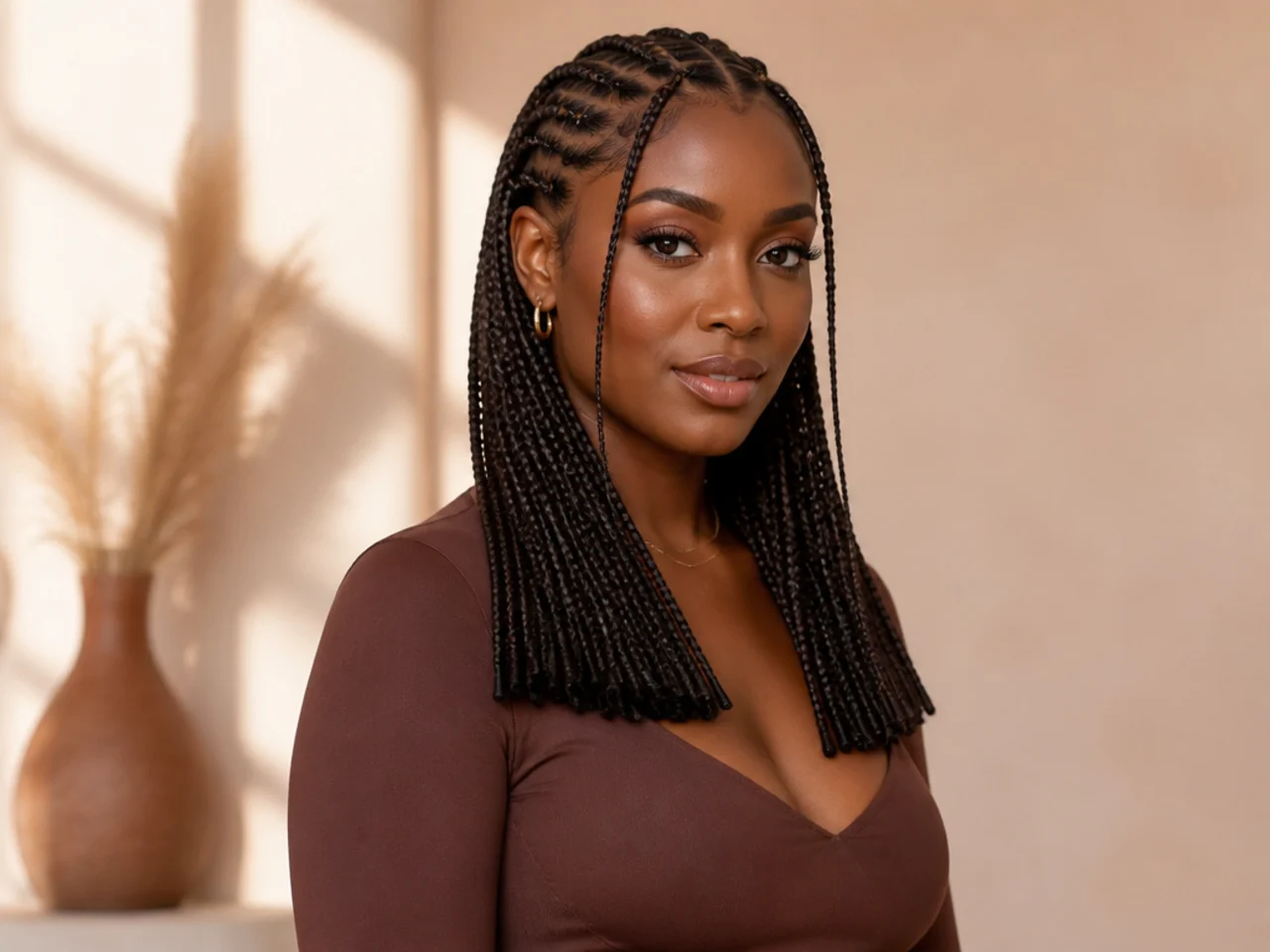 Long Fulani braids with ends cut level in a blunt line