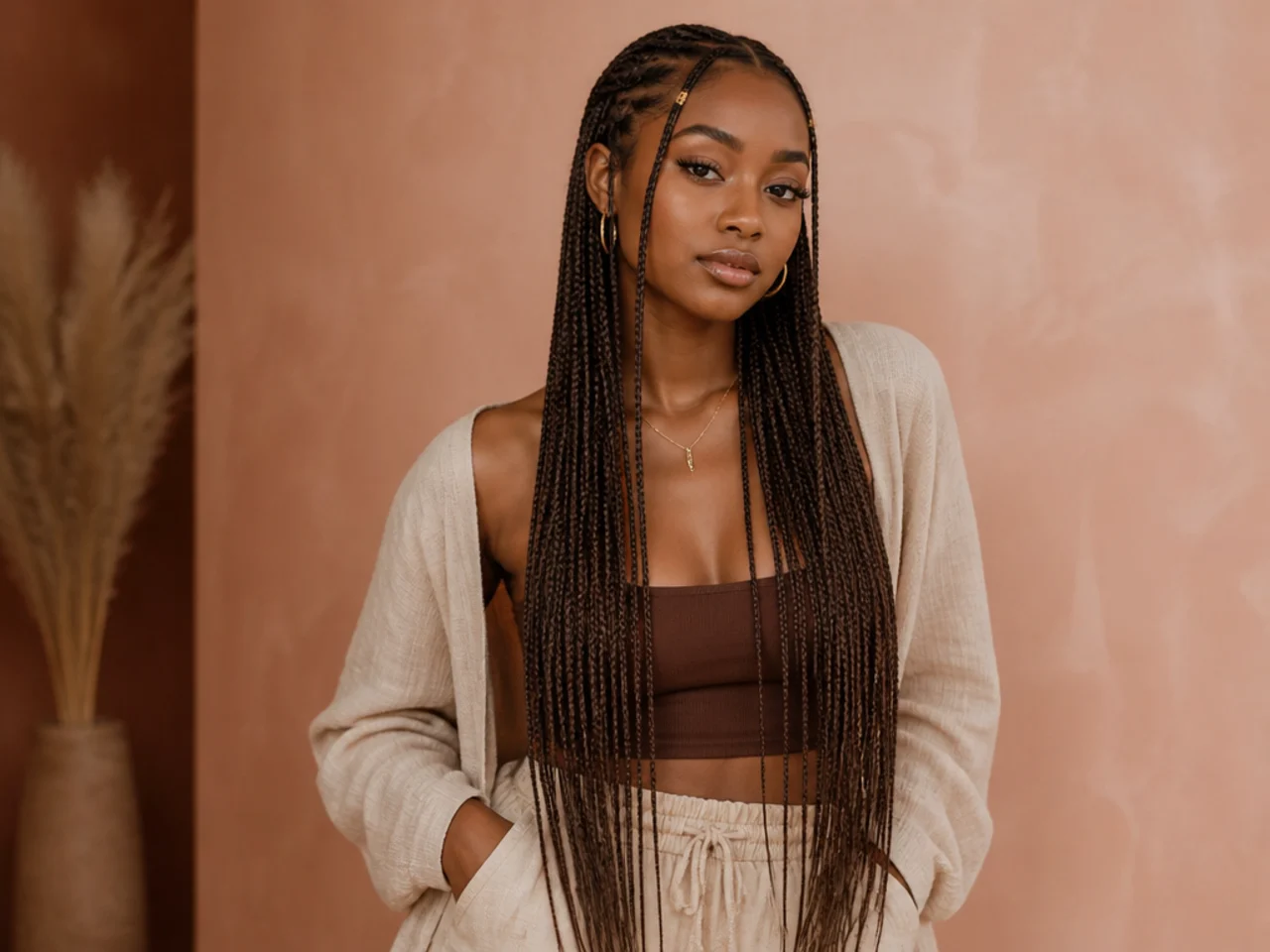 Small pencil-width Fulani braids at waist length