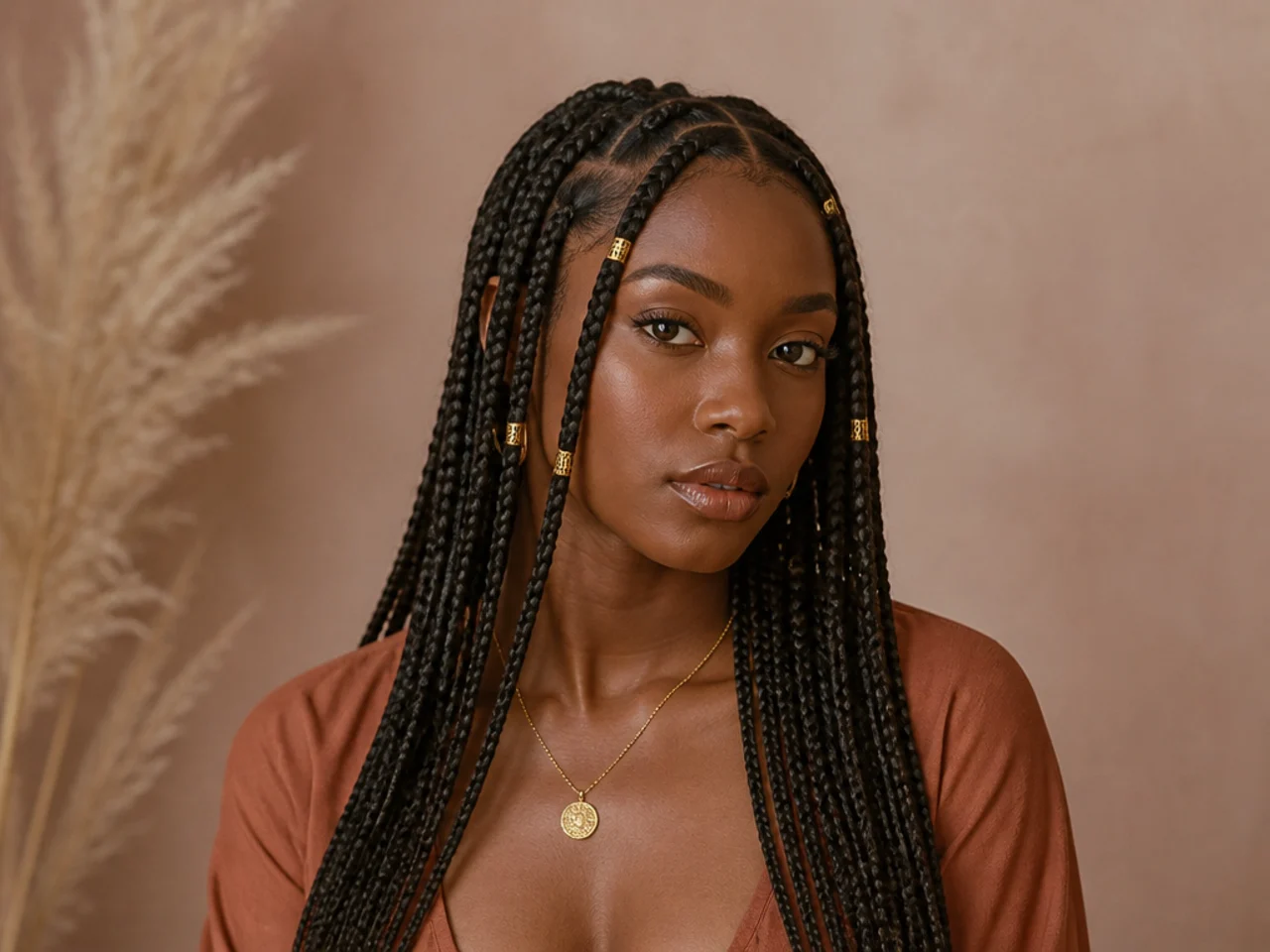 Long Fulani braids with gold cuffs on the front sections only