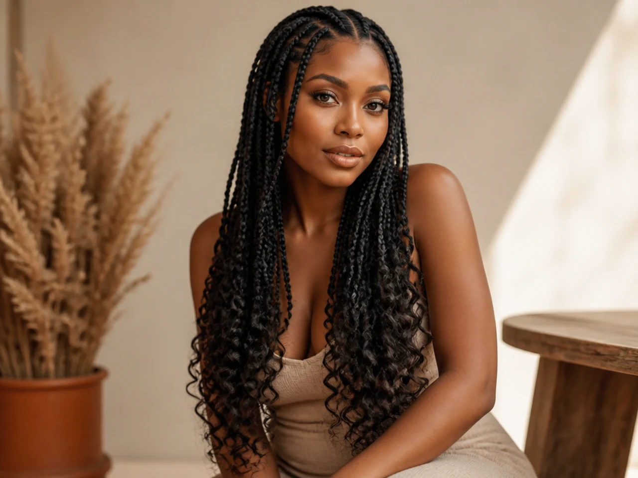 Long Fulani braids finished with loose curled ends