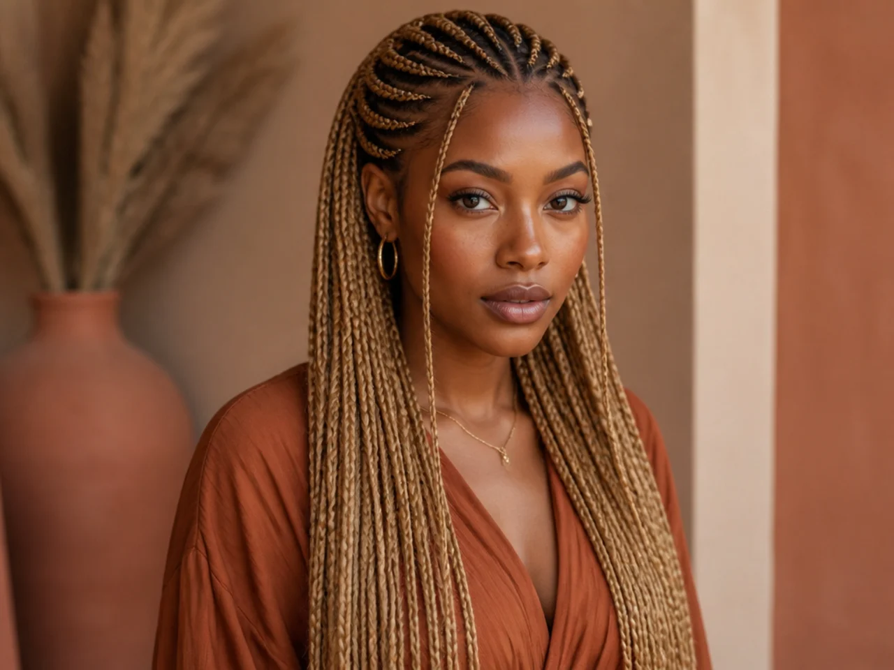 Long Fulani braids in a warm honey blonde shade