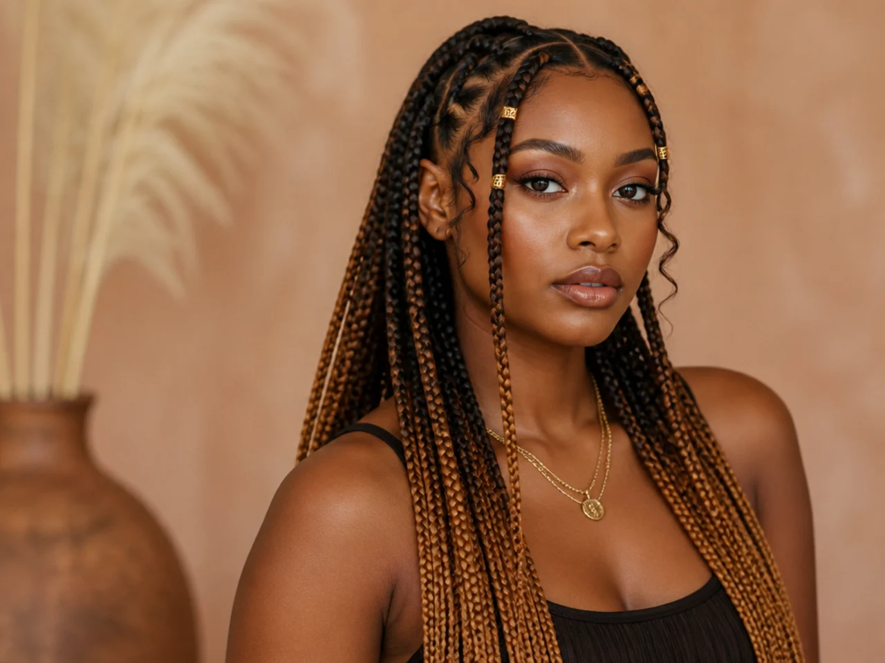 Long two-tone Fulani braids with a soft black-to-caramel transition