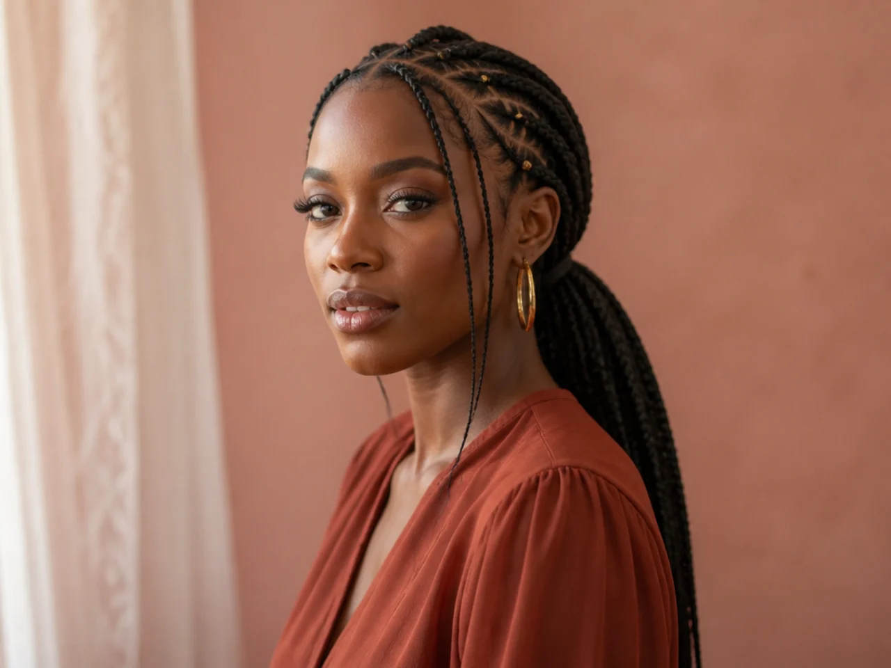 Long Fulani braids gathered into a low ponytail at the nape