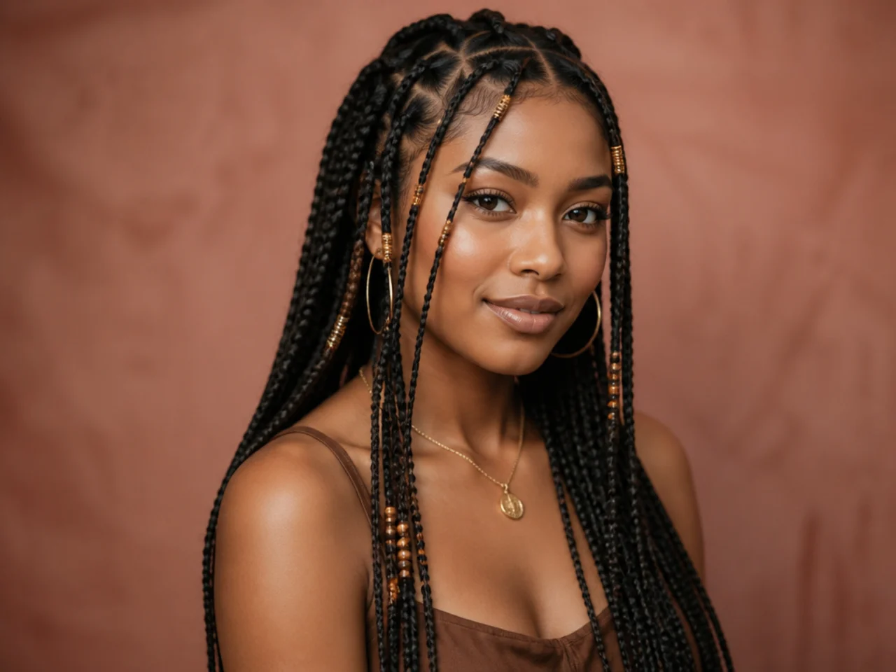 Three-quarter view of finished long Fulani braids