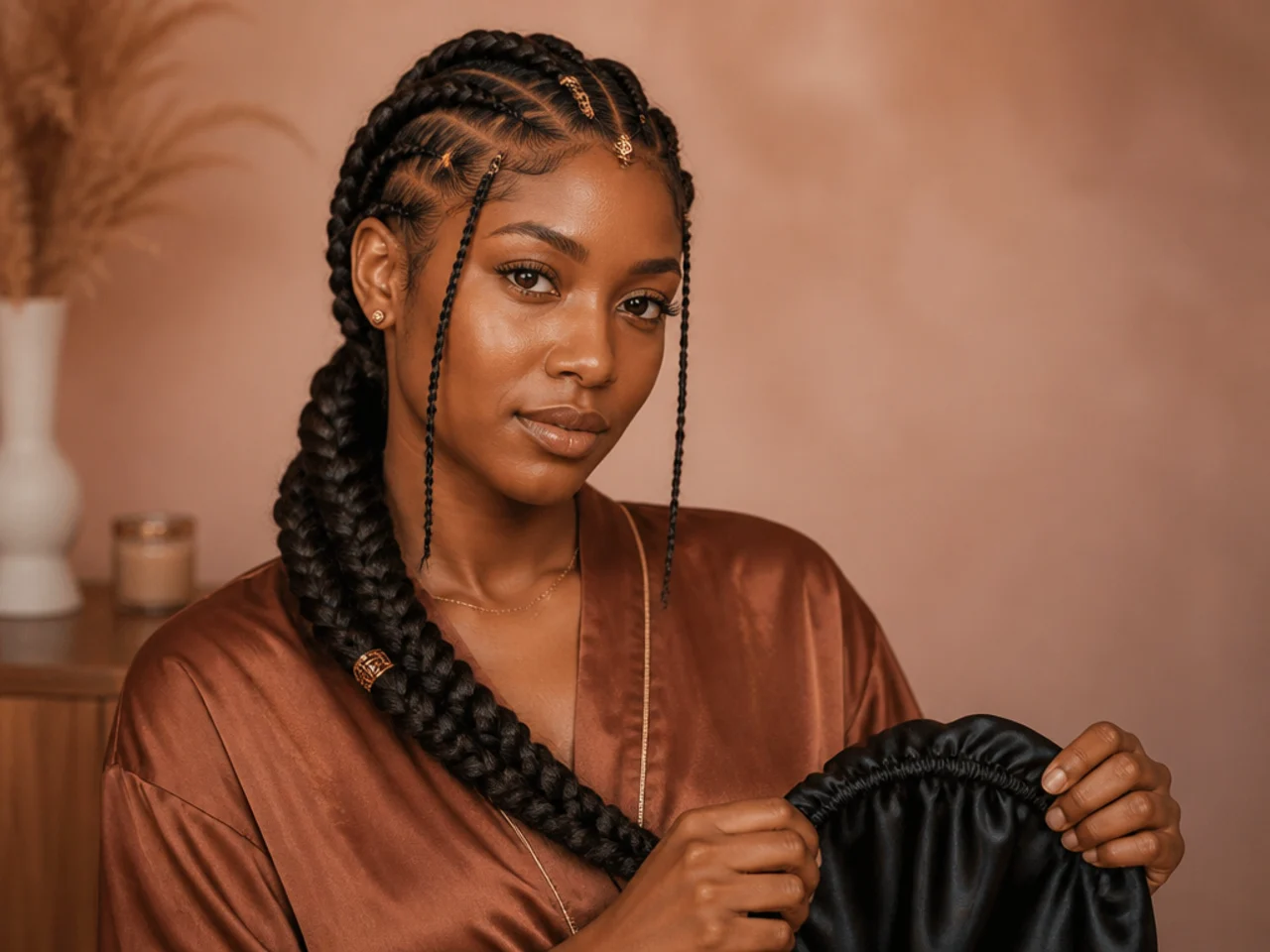 Long braids gathered into a low loose plait ready for a satin bonnet
