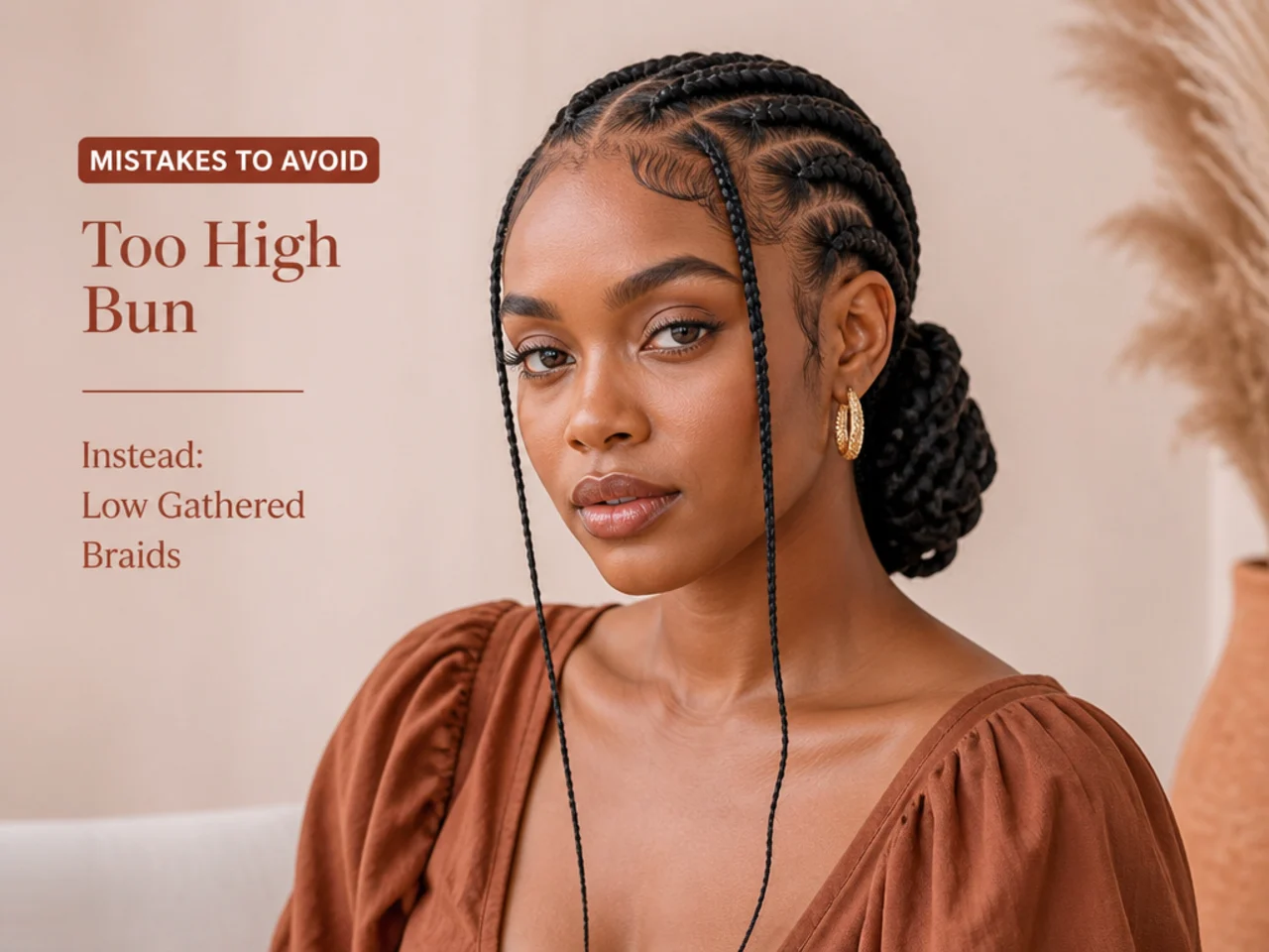 A low gathered braid style shown as the alternative to a high bun