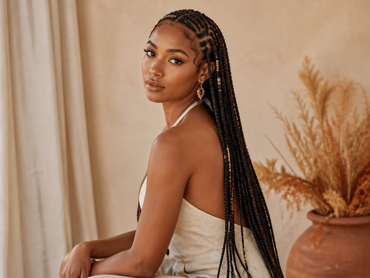 Long Fulani braids shown full length from behind
