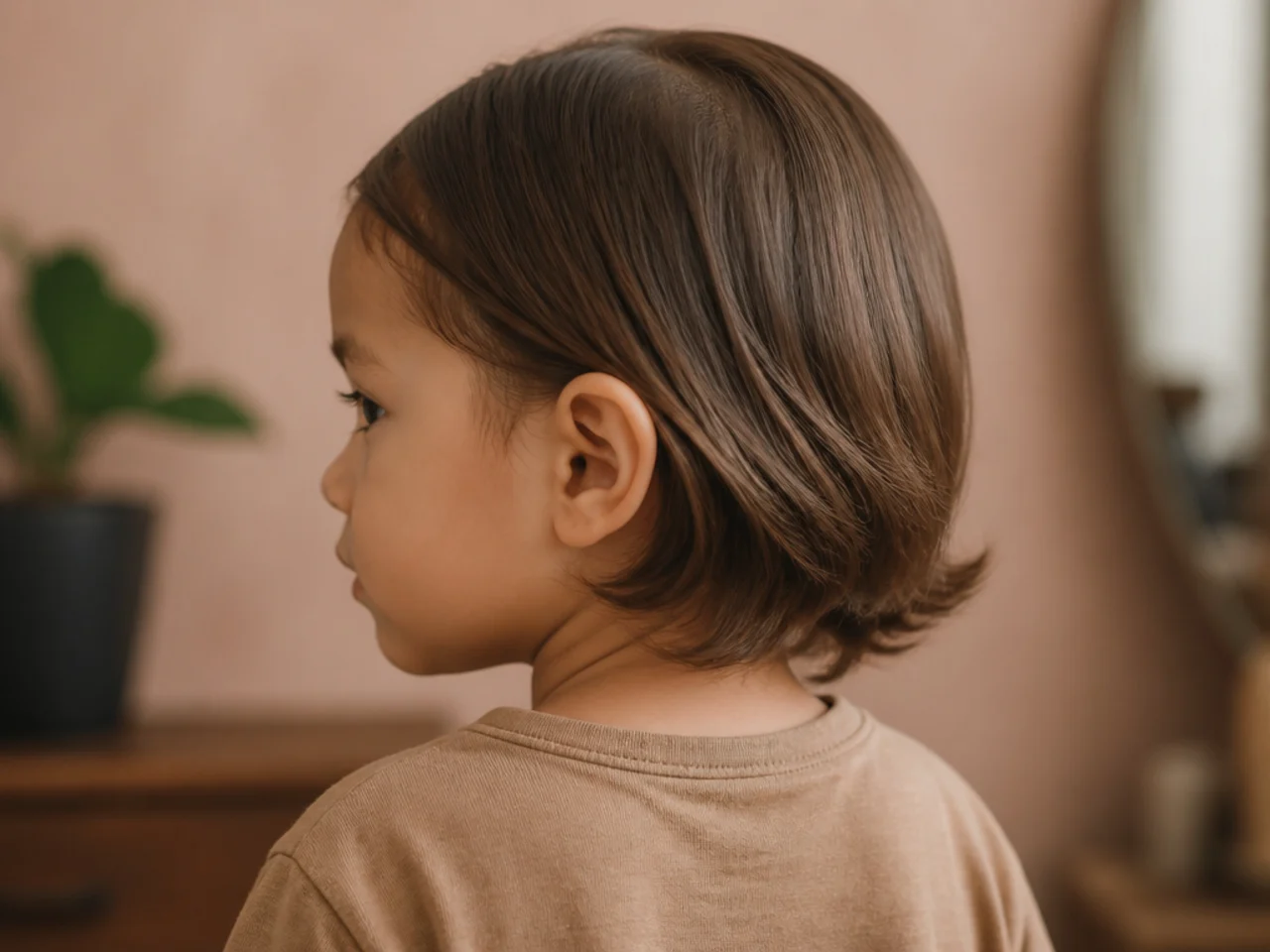 A toddler boy with jaw-length hair tucked behind his ears