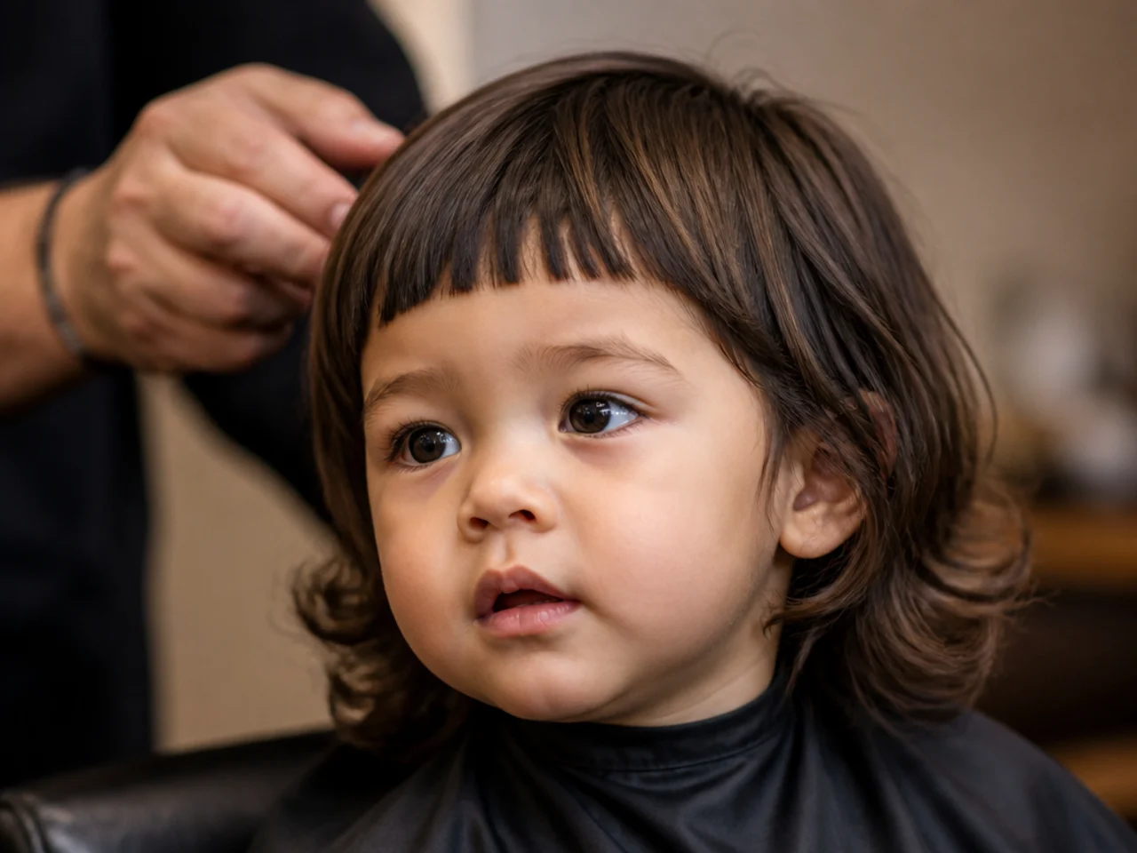 A toddler boy with a short fringe above the eyebrows and long hair