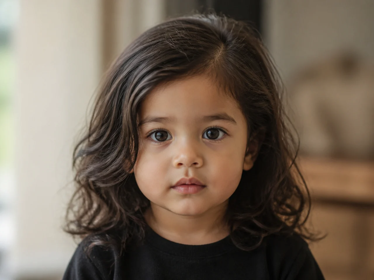 A toddler boy with uncut hair reaching his shoulders