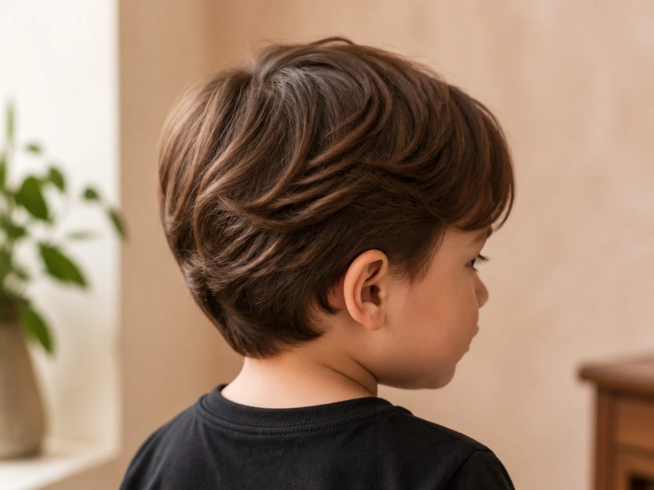 A toddler boy with long hair and a curved fringe