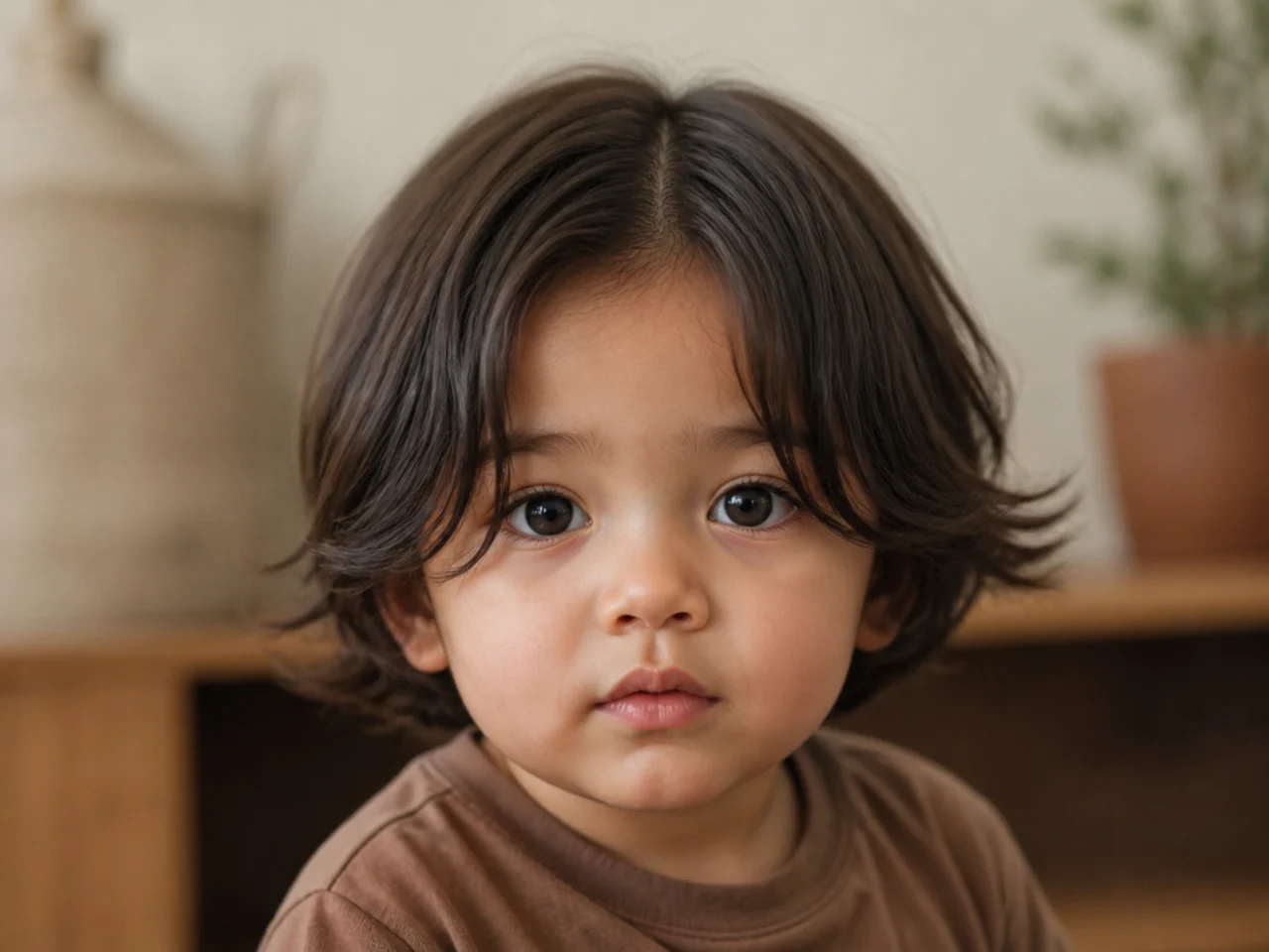 A toddler boy with chin-length hair and a centre-parted fringe