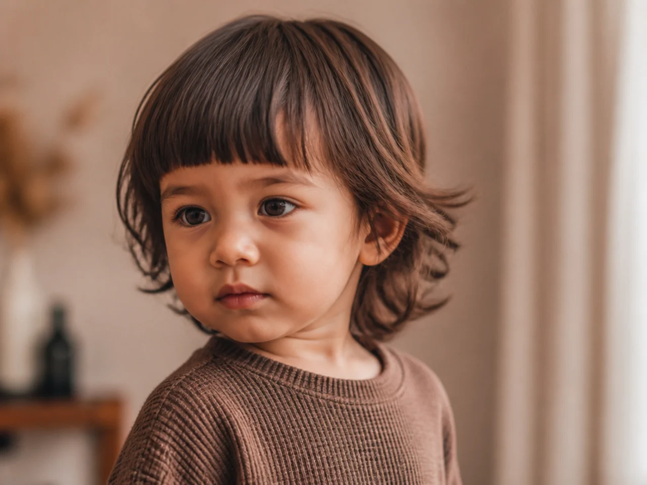 A toddler boy with long hair and a blunt straight fringe