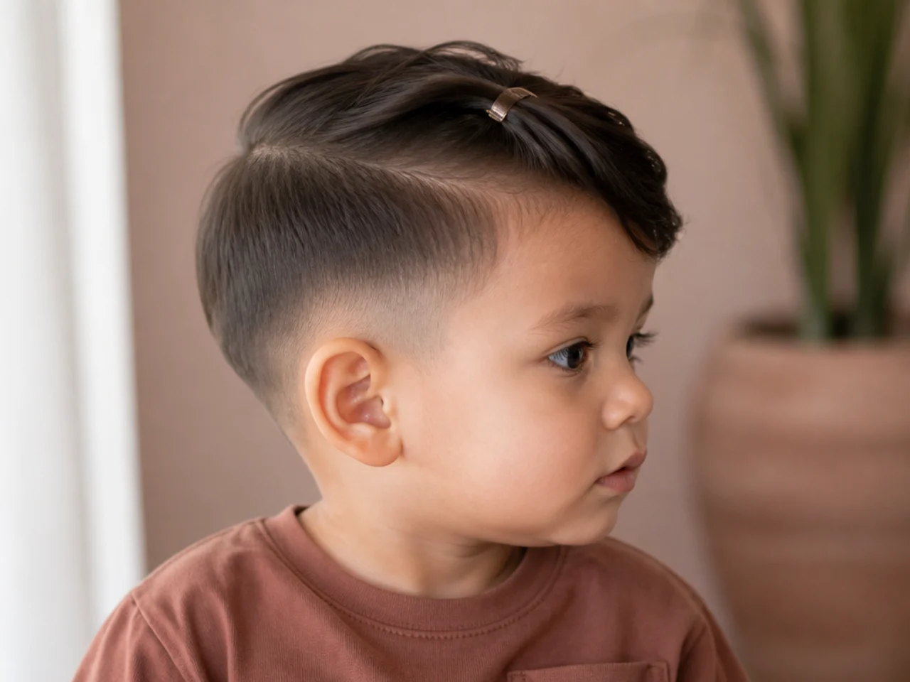 A toddler boy with his fringe clipped to one side