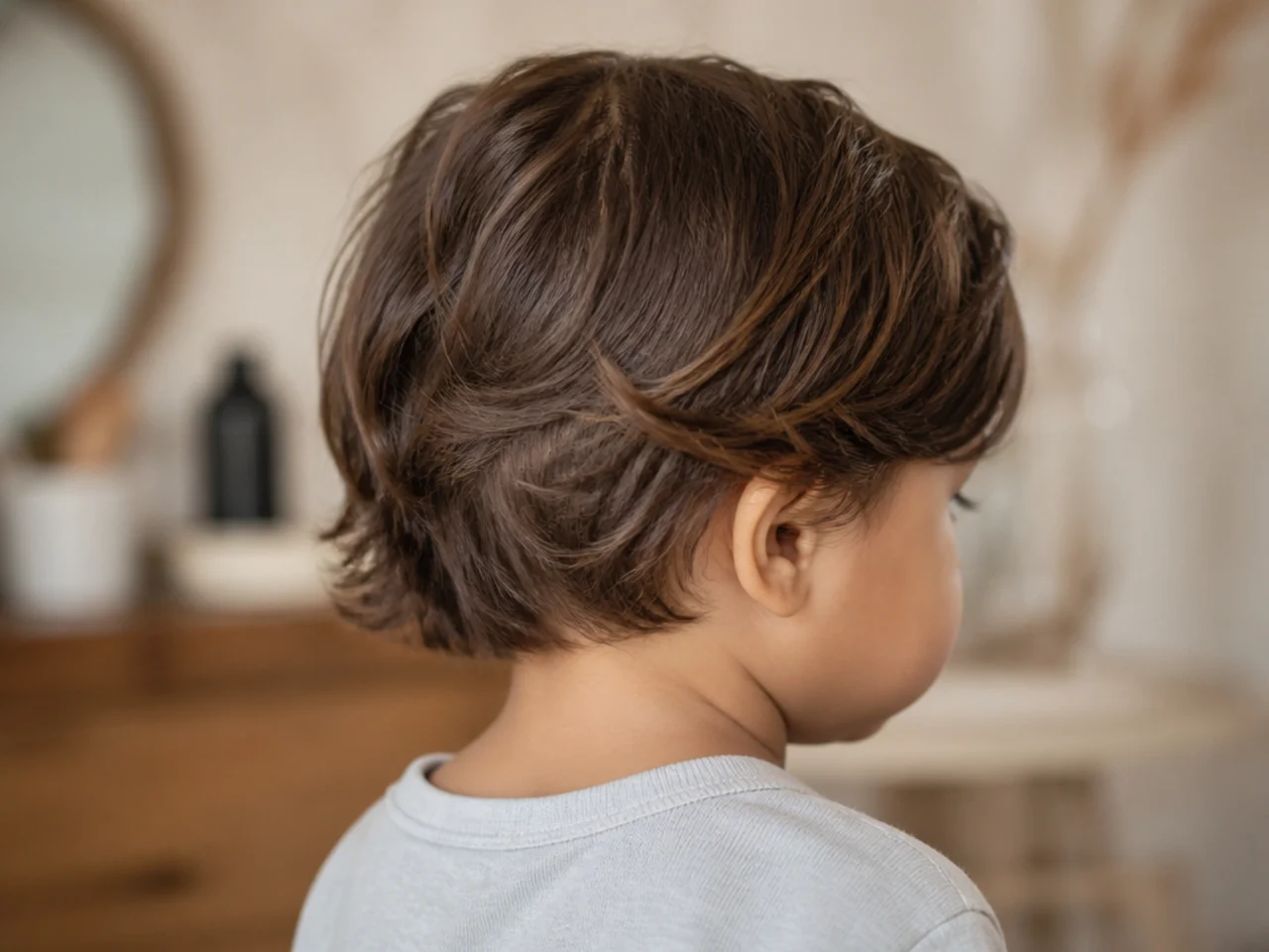 A toddler boy with long hair and a shortened nape
