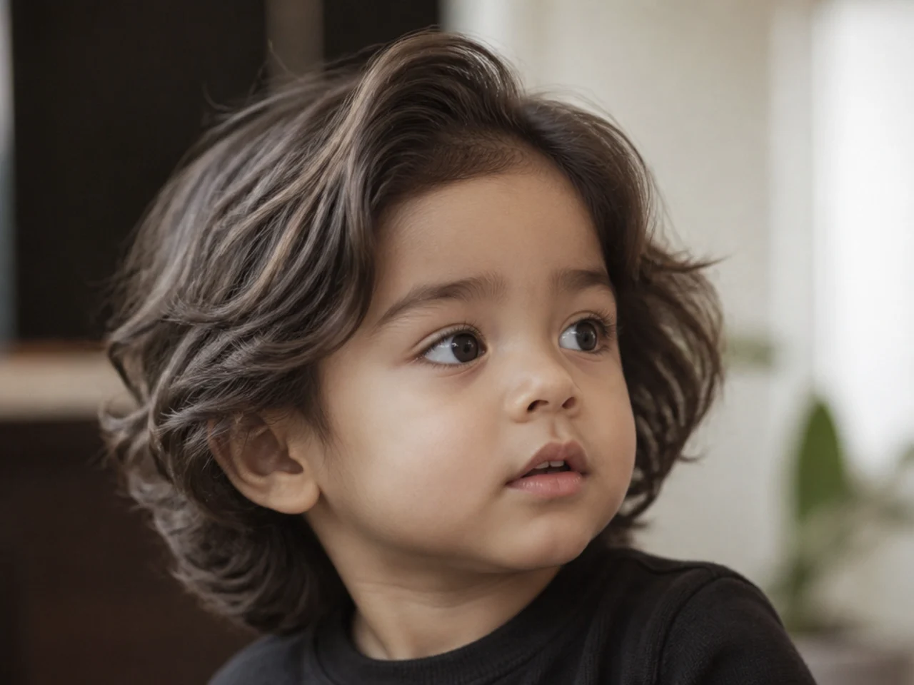 A toddler boy with long hair and no fringe