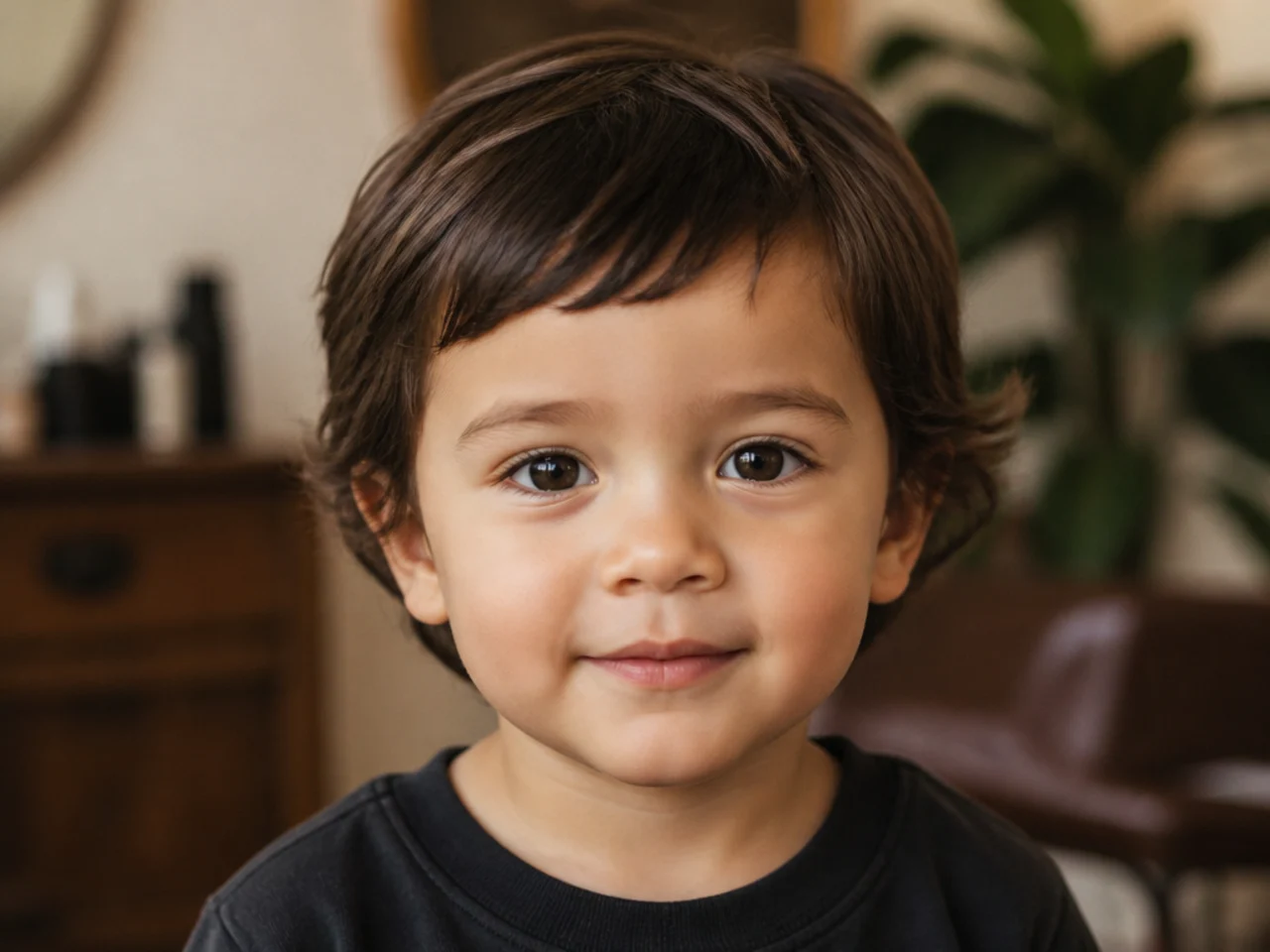 A toddler boy with ear-length hair and a short fringe