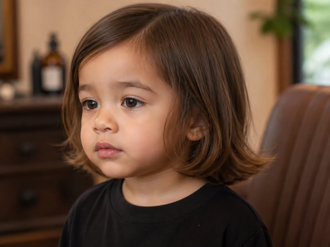 A toddler boy with collar-length hair squared off at the ends