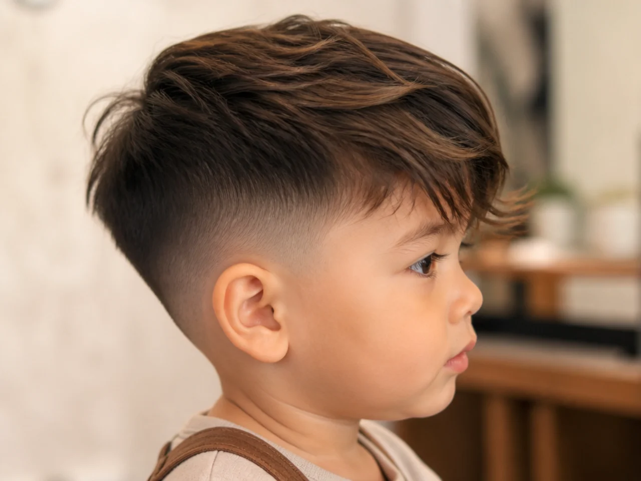 A toddler boy with longer hair at the front and shorter at the back