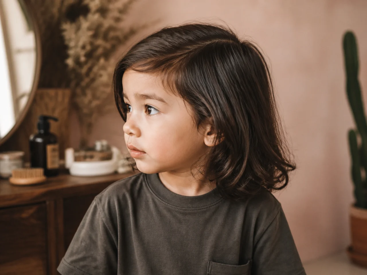 Side view of a toddler boy with long one-length hair