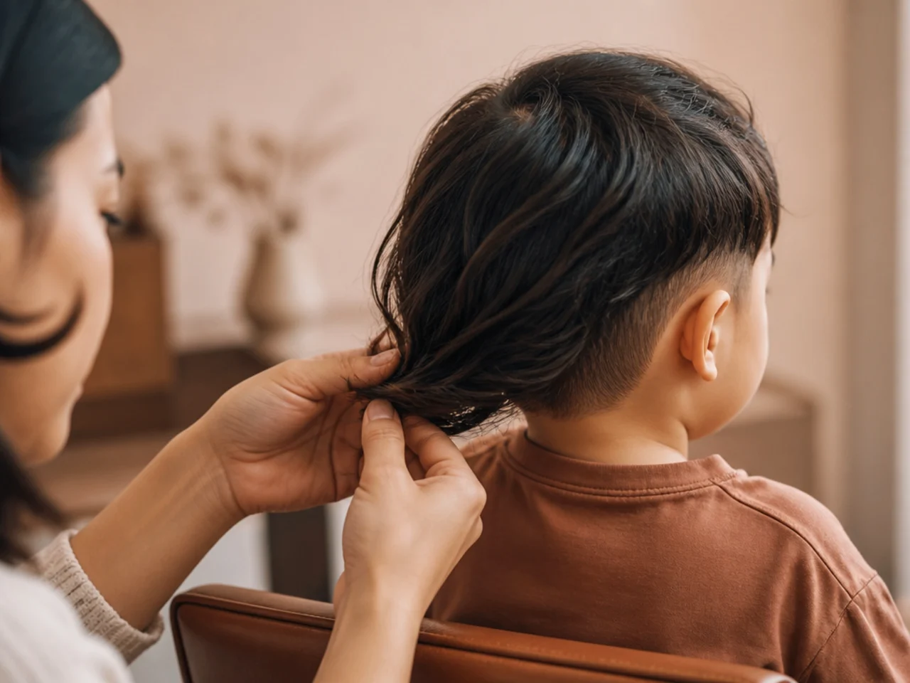 A parent checking the ends of a toddler's long hair