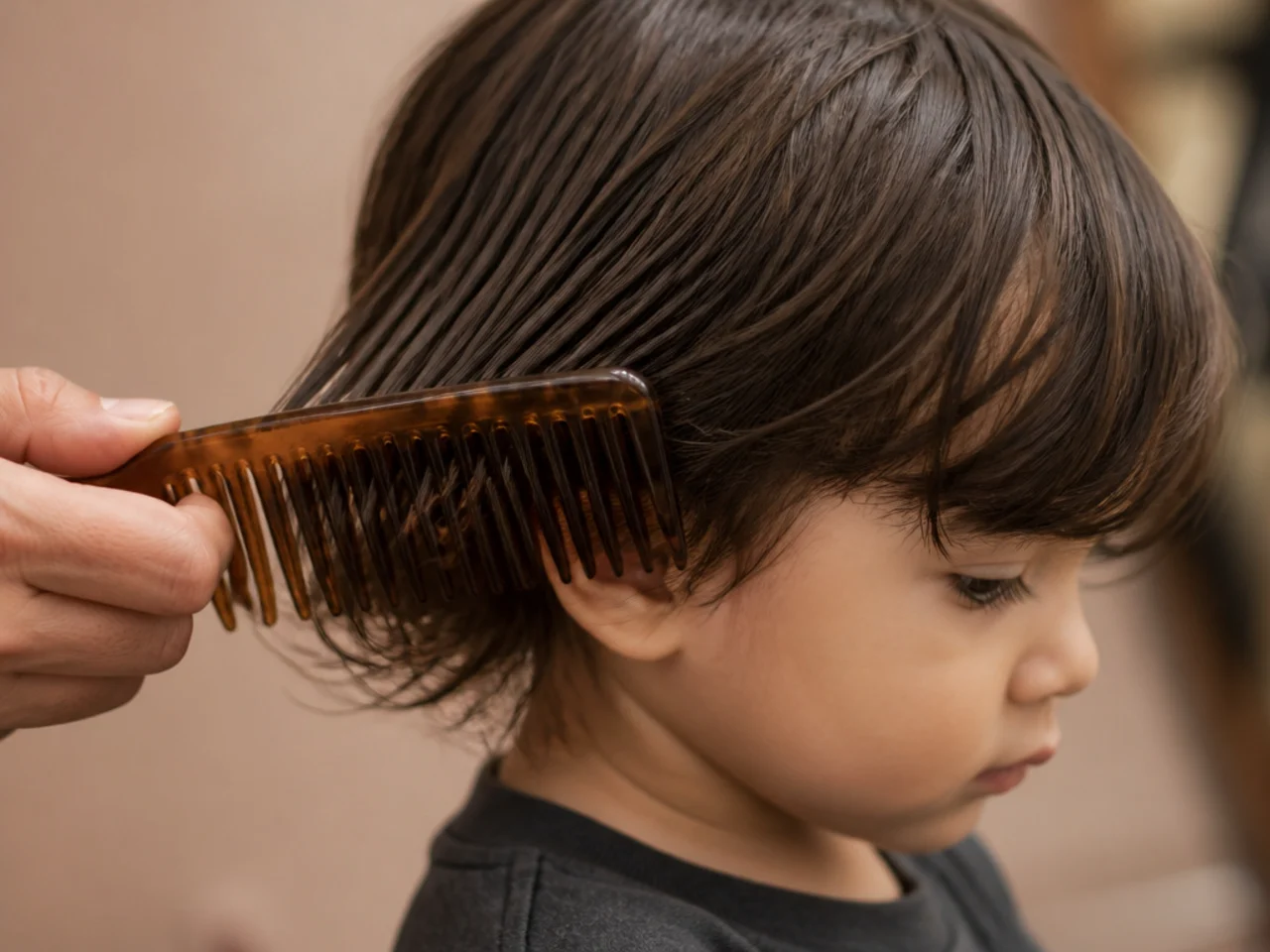 A wide-tooth comb being drawn through the ends of a toddler's long hair