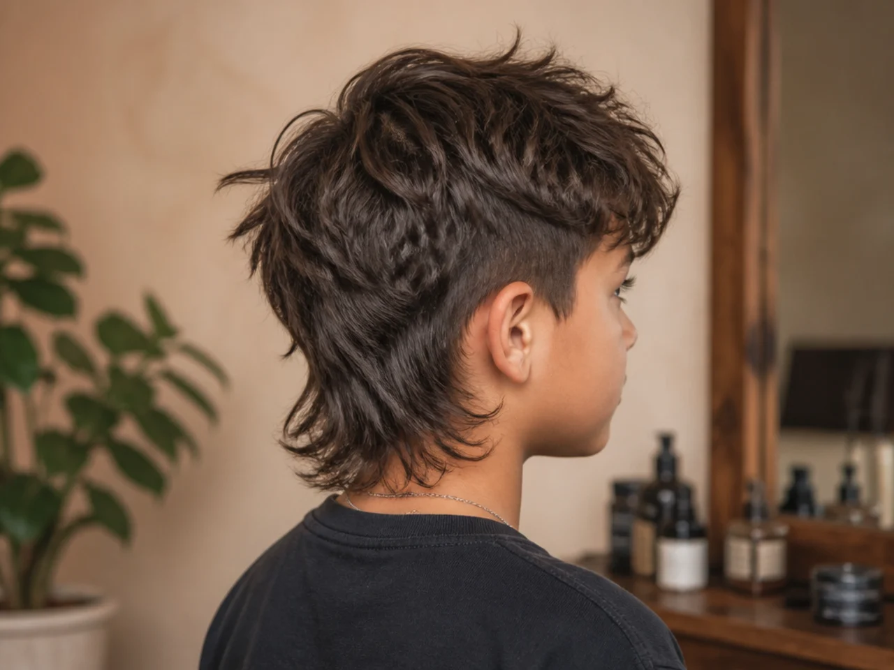 A boy with a wolf cut and shaggy crown layers