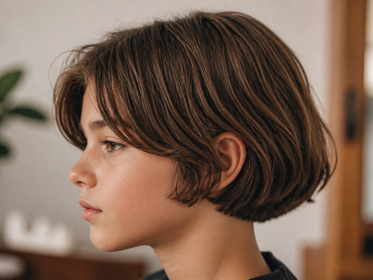 A boy with an ear length bob and a blunt perimeter