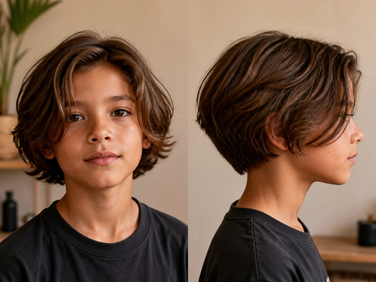 A boy with chin length hair and weight removed underneath
