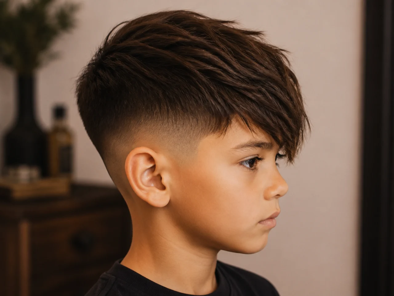 A boy with a side-swept angled fringe