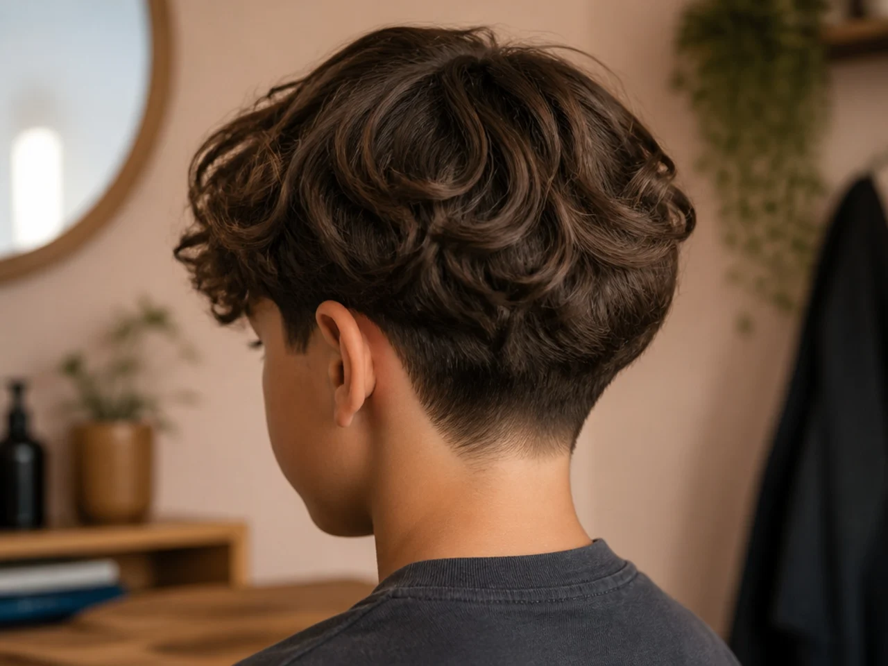 A boy with long wavy hair and a tapered nape