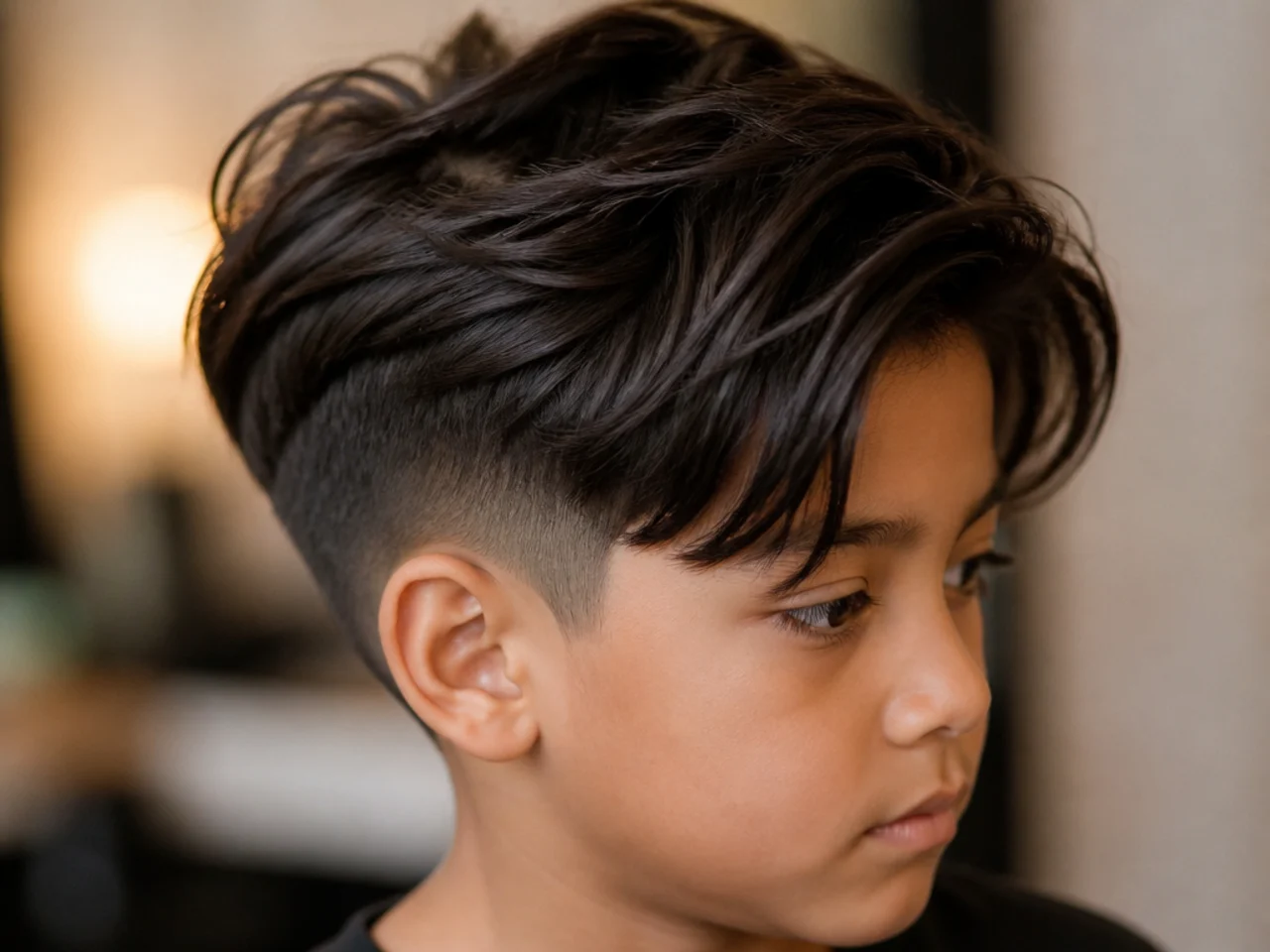 A boy with a two block haircut grown long on top